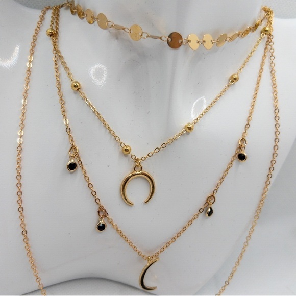 Boho Multi Layer Moon Pendant Gold Tone Necklace Festival Astrology Contemporary - Picture 6 of 9